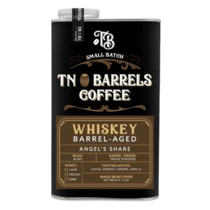 TN Barrels Coffee small batch whiskey barrel-aged Angel&rsquo;s Share whole bean coffee can with black and brown label on a white background.