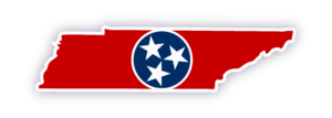 Tennessee state outline icon in red with a blue circle and three white stars representing the Tennessee flag.