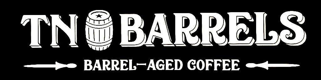 TN Barrels logo with a barrel icon and the text &ldquo;Barrel-Aged Coffee&rdquo; on a black background.
