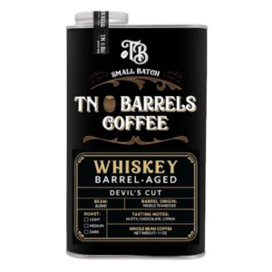 TN Barrels Coffee whiskey barrel-aged Devil’s Cut whole bean coffee can with black and gold label.